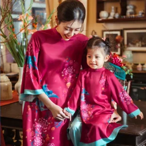 Áo Dài Mẹ Bé Lụa In 3D Thời Trang