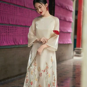 Áo Dài Cách Tân Voan Tơ Thêu Hoa Xinh Xắn