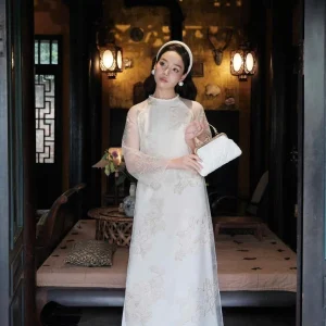 Áo Dài Cách Tân Vải Voan Vân Hoa Xinh Xắn
