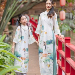 Áo Dài Mẹ Bé Lụa 3D Trẻ Trung