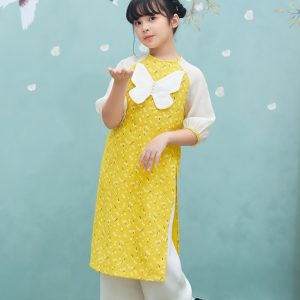 Áo dài vải nhung tăm hoa nhí cho bé gái