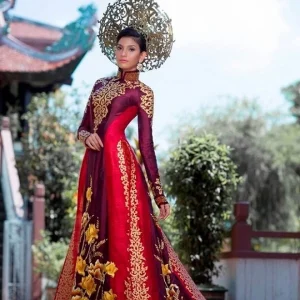 Áo dài thêu tay họa tiết hoa sen cổ
